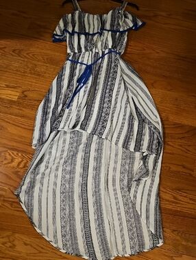 As U Wish White and Blue Striped High-Low Dress